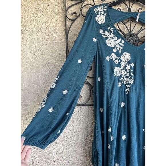 Free People Sweet Tennessee Boho Embroidered Dress - Size S- Teal Blue - Picture 8 of 12